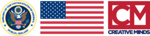 Embassy of the United States of America, Dublin, Ireland, American Flag, and Creative Minds logo